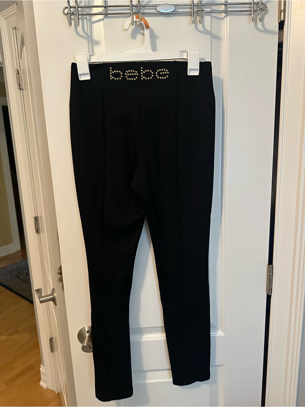 bebe Black Leggings with Rhinestone Logo Waistband